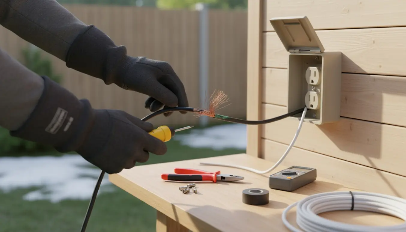 Hænder i isolerede handsker reparerer et udendørs elstik med blottet ledning og værktøj ved husfacaden.