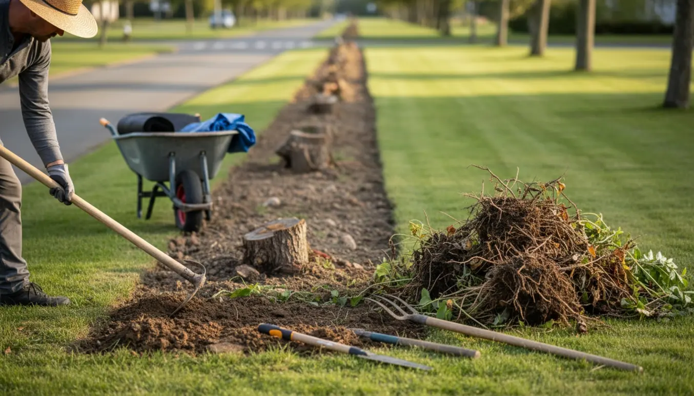 Bed ved græsplæne med fjernede stauder, flere stubbe, værktøj og jordbunker.
