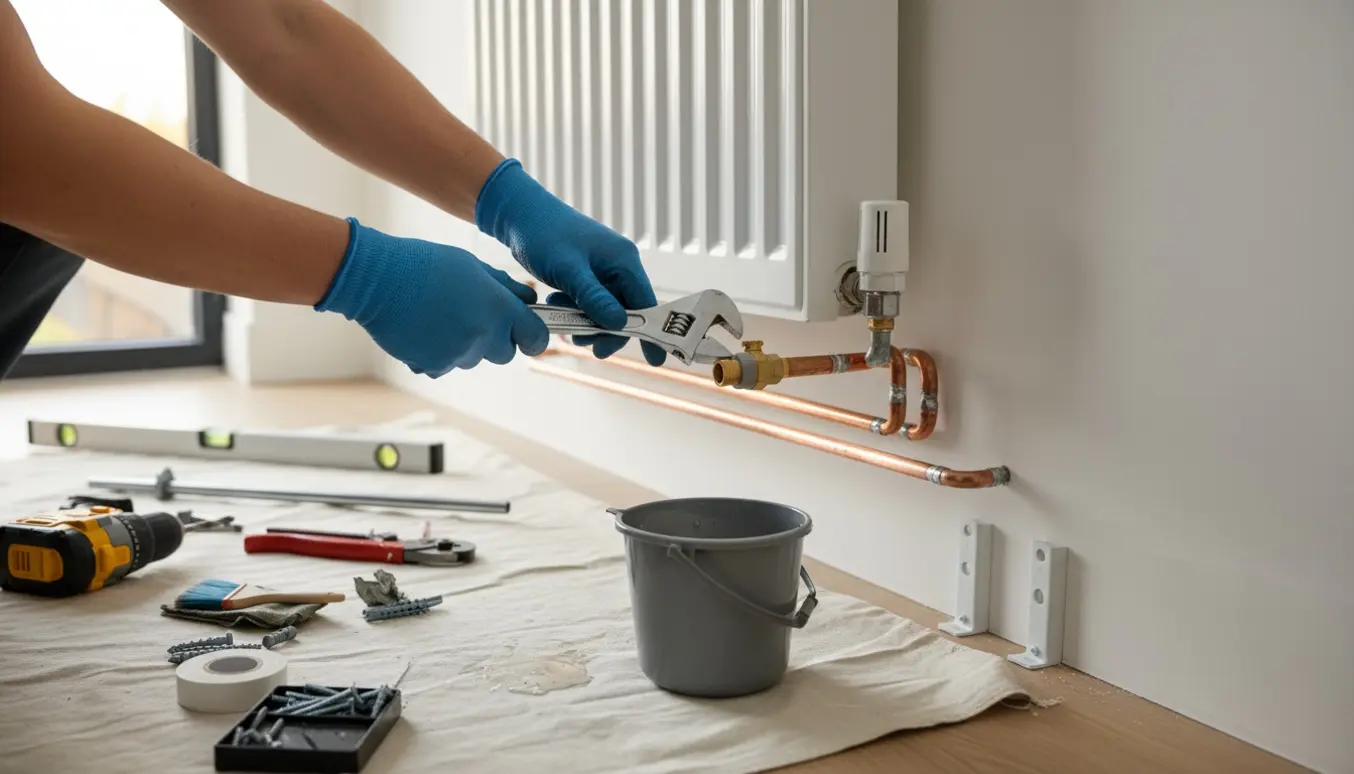 Delvist afmonteret radiator ved væg med udvidede rør og værktøj klar til genmontering.