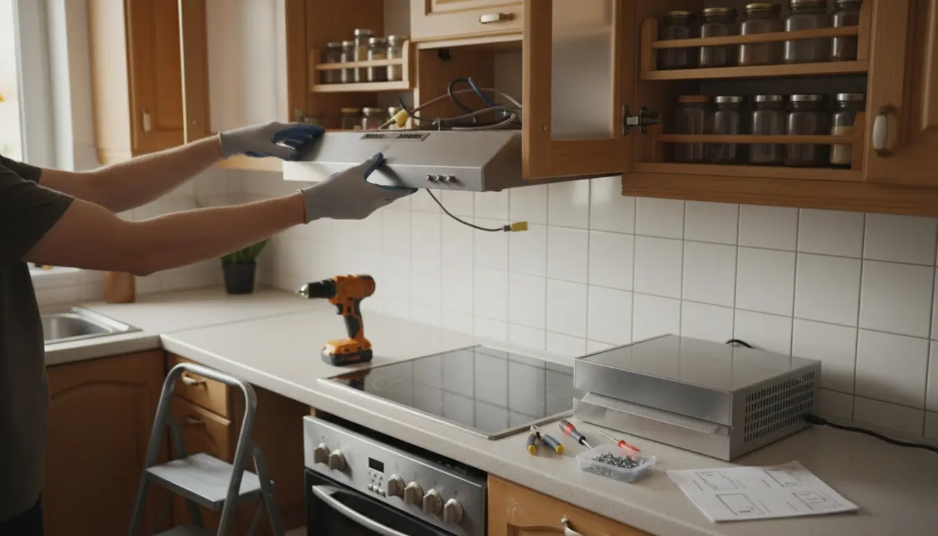 Hænder fjerner en skabsintegreret emhætte i et køkken med åbne krydderihylder og værktøj på bordet.