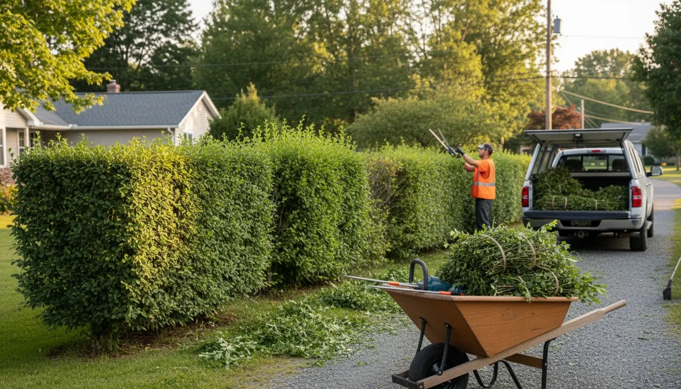 En håndværker trimmer en spirea-hæk og læsser afklip i en trailer ved en forstadsejendom.