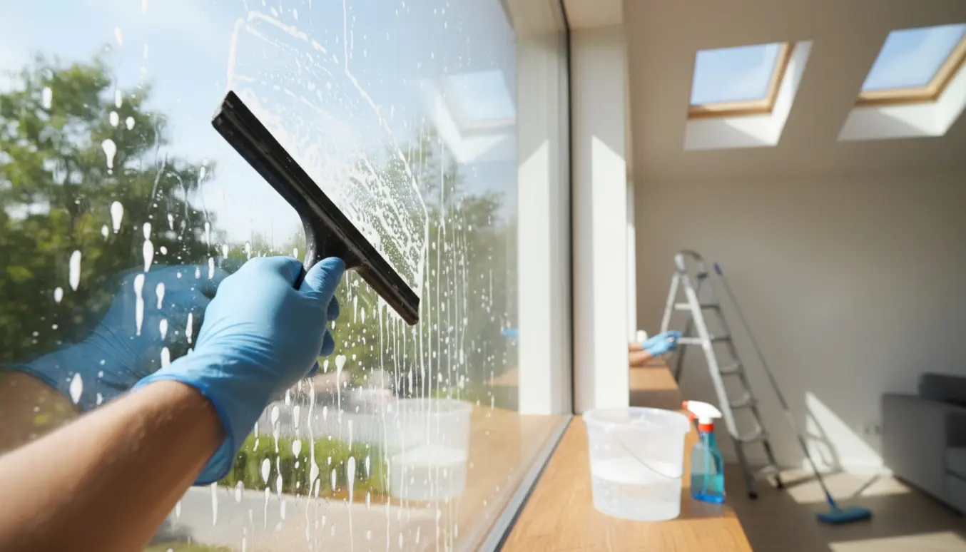 Glovet hænder vasker et vindue med en gummiskraber og små tagvinduer i et lyst rum.