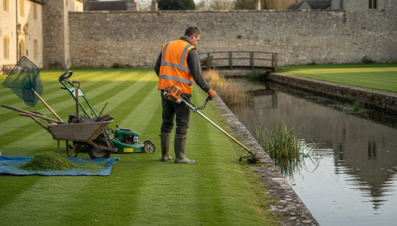 Havearbejder trimmer græskant og rydder ved voldgraven ved en stenmur i blødt sollys.