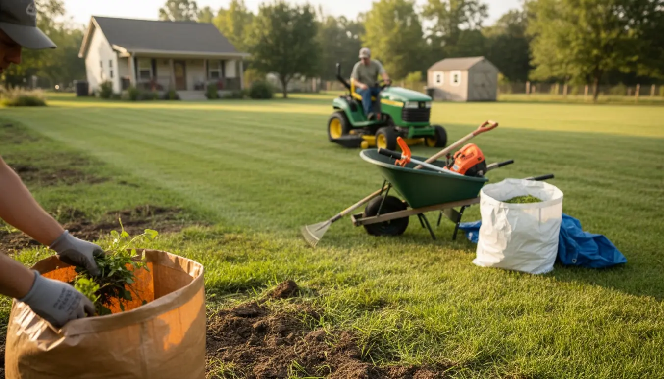 Stor vedligeholdt have med havetraktor og hænder, der fjerner ukrudt.