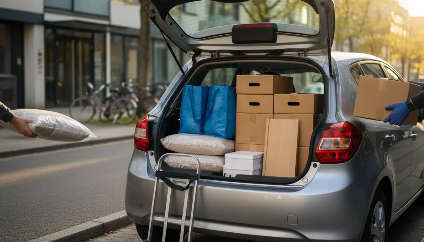 Bilens bagagerum fyldt med kasser, blå tasker og puder klar til afhentning og levering.