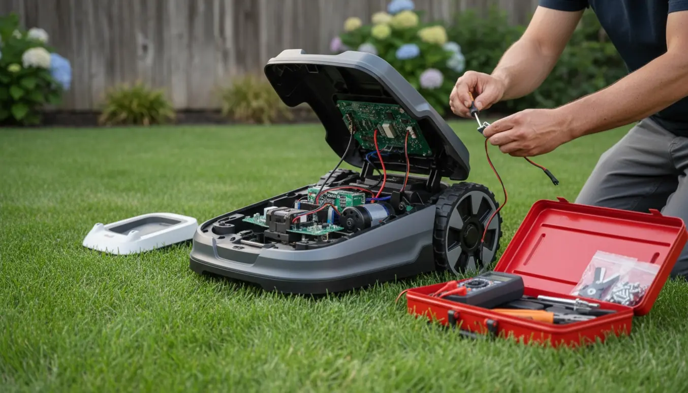 En tekniker undersøger en robotplæneklipper ved ladestanderen i en solrig baghave med værktøj spredt ud.