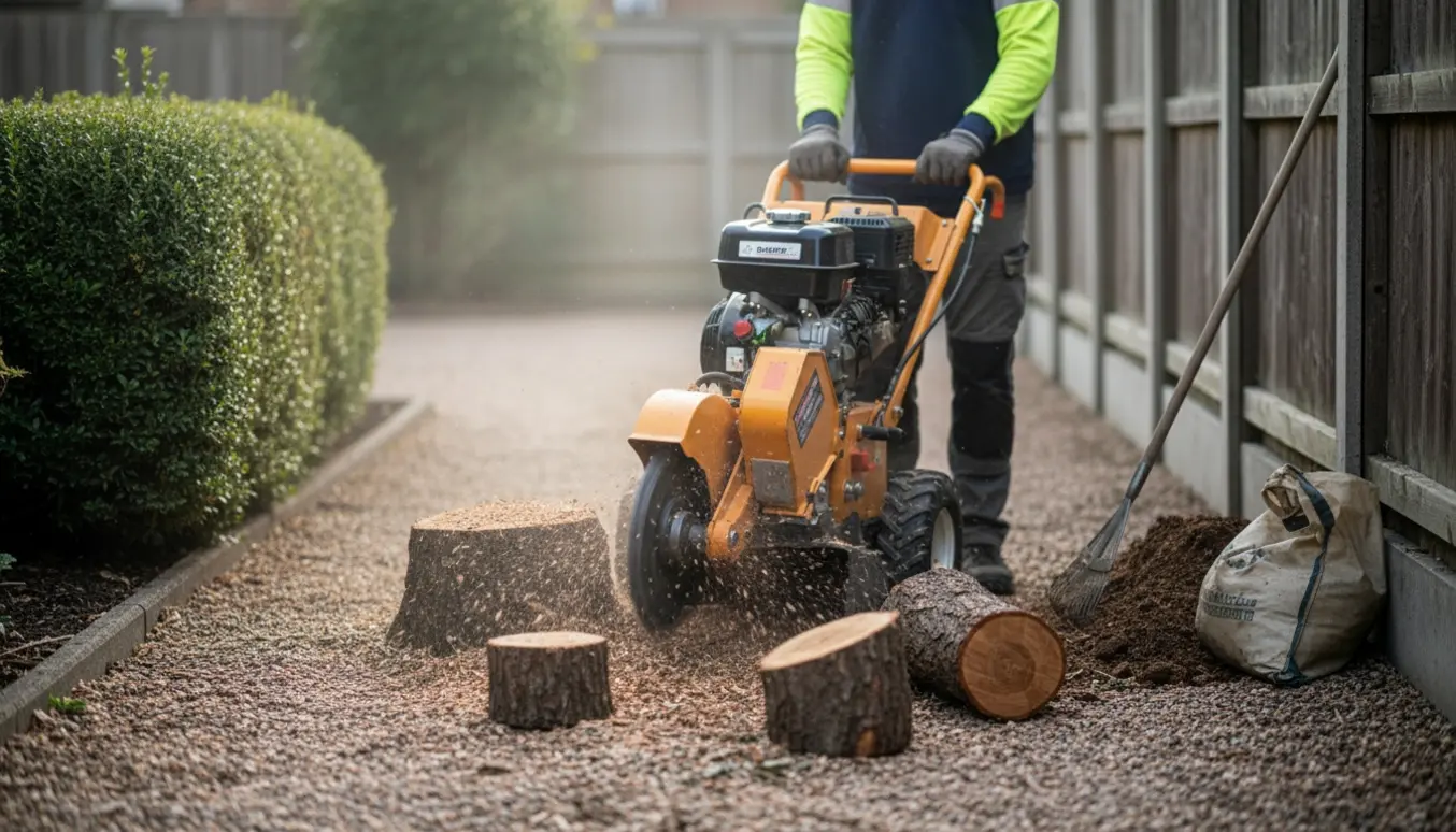 En kompakt stubfræser fjerner flere træstubbe i en smal indkørsel med friske træspåner samlet ved siden af.