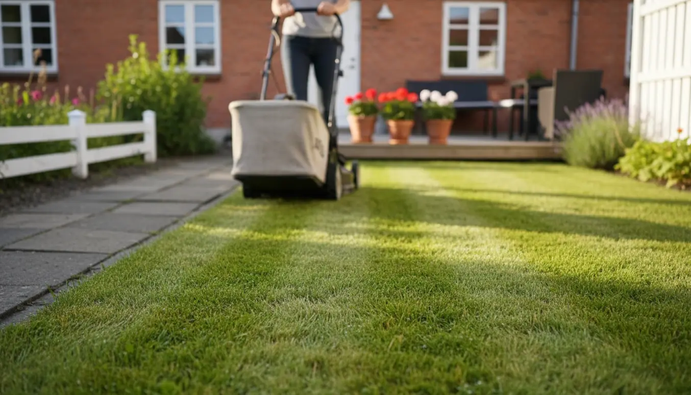 Bagfra set person slår en lille græsplæne ved et rækkehus med en moderne plæneklipper og nyslåede striber.