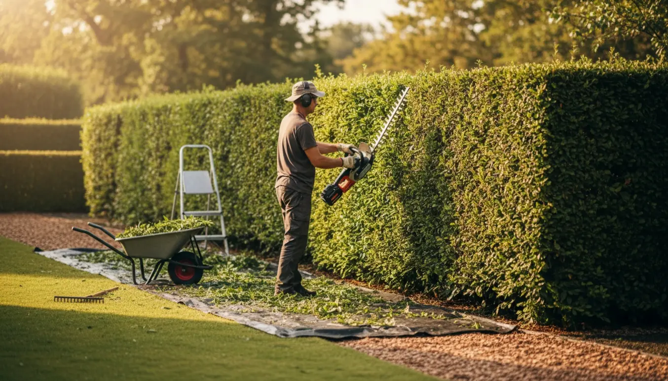 Person trimmer begge sider af en hæk langs en solrig havegang med bunker af afklip samlet på en presenning.