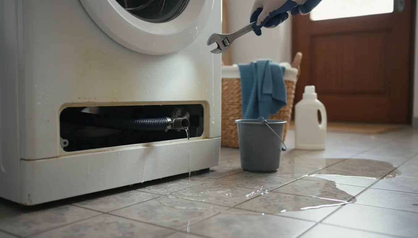 En frontbetjent vaskemaskine står på et vådt flisegulv med en vandpyt under bunden og værktøj samt en spand ved siden af.