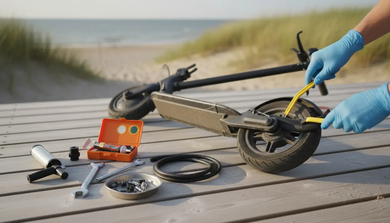 Nærbillede af baghjul på et el-løbehjul, hvor handskerækker arbejder med lappeudstyr på en træterrasse ved kysten.