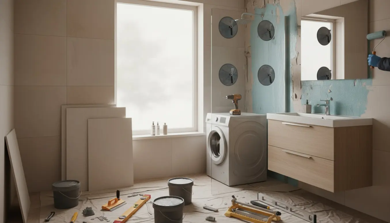 Lille badeværelse under renovering med ny vask, glasafskærmning, bunker af fliser og påføring af vådrumsmembran.