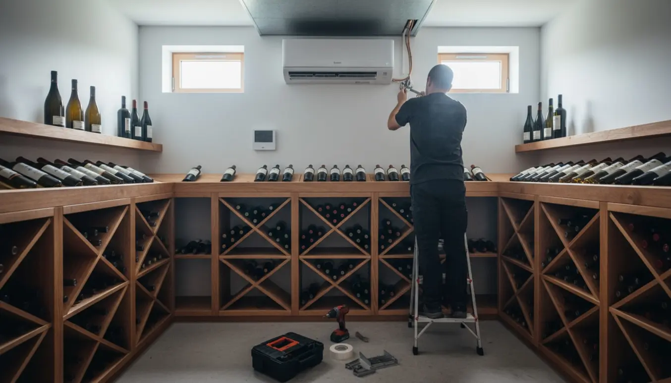 Installatør monterer en vægmonteret aircondition i en lille vinkælder med vinreoler og ventilationskanal.