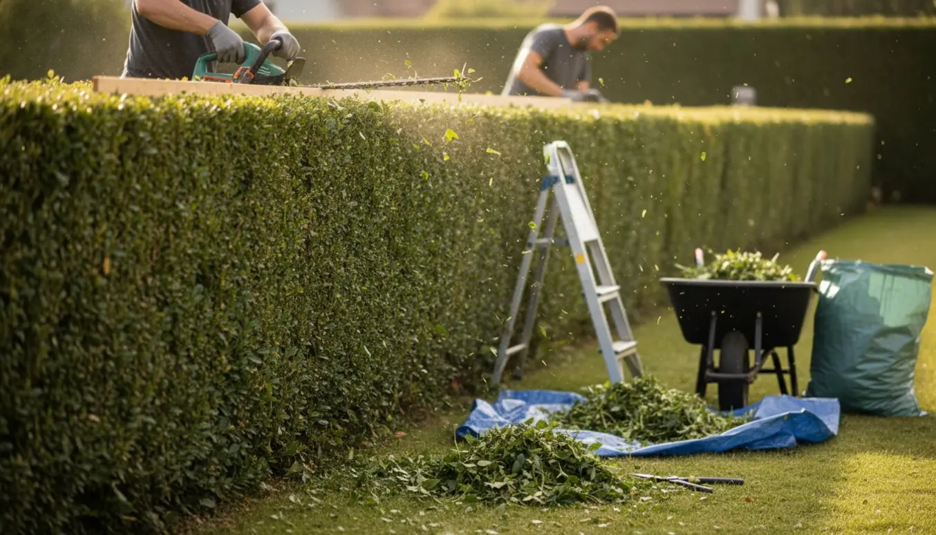 Lang hæk under topbeskæring med værktøj, stige og bunker af afklip klar til oprydning.