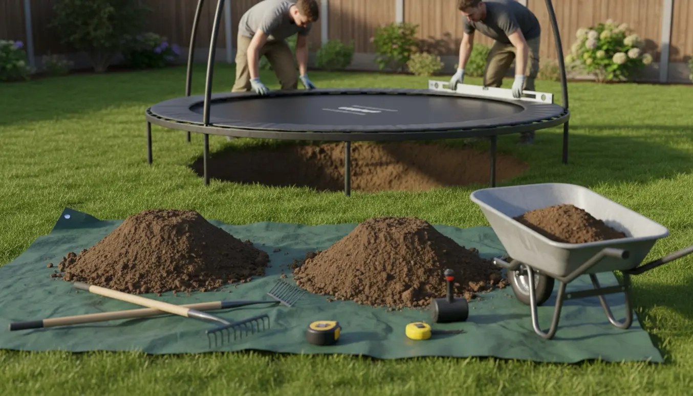 Nedgravet trampolin i en baghave i et skåleformet hul med jordbunker og værktøj, uden synlige ansigter.