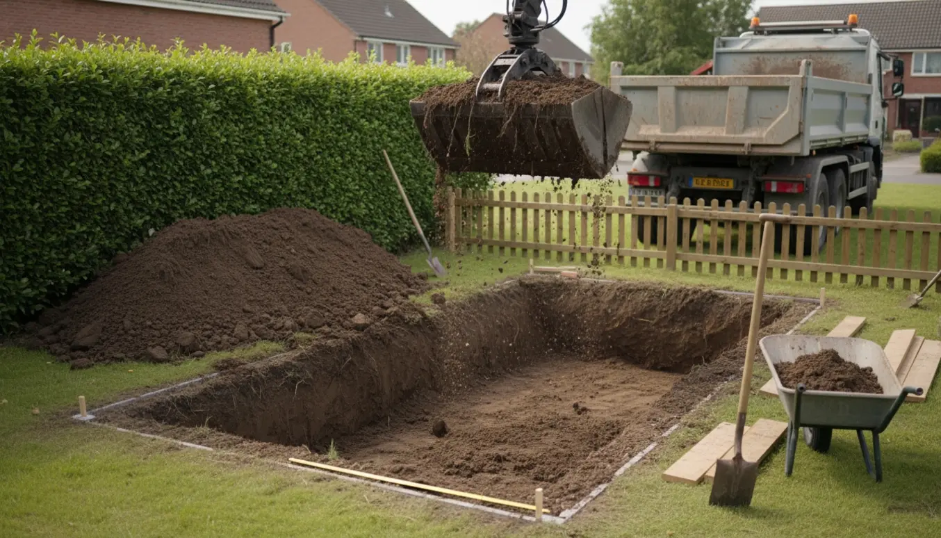 Truck med grab løfter havejord fra en udgravning til drivhus, jord samlet inden for en hæk.