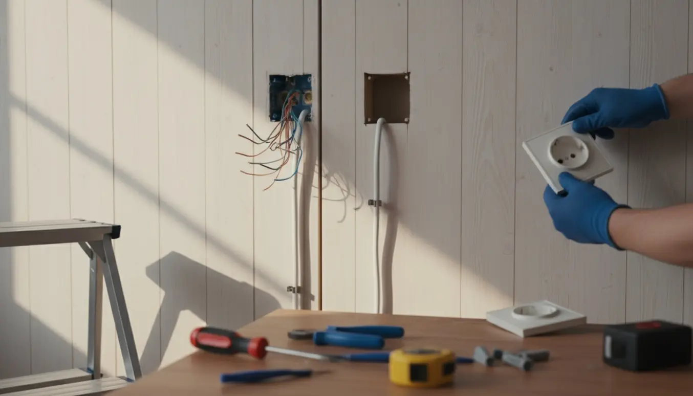 Nærbillede af hænder, der flytter en stikkontakt og fører et kabel langs en træpanelvæg.