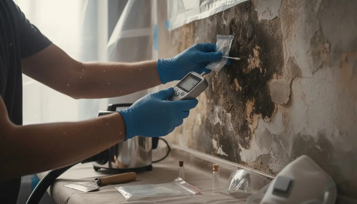 Handske‑klædte hænder tager en skimmelprøve fra en væg i et hjem med udstyr til inspektion og afhjælpning.