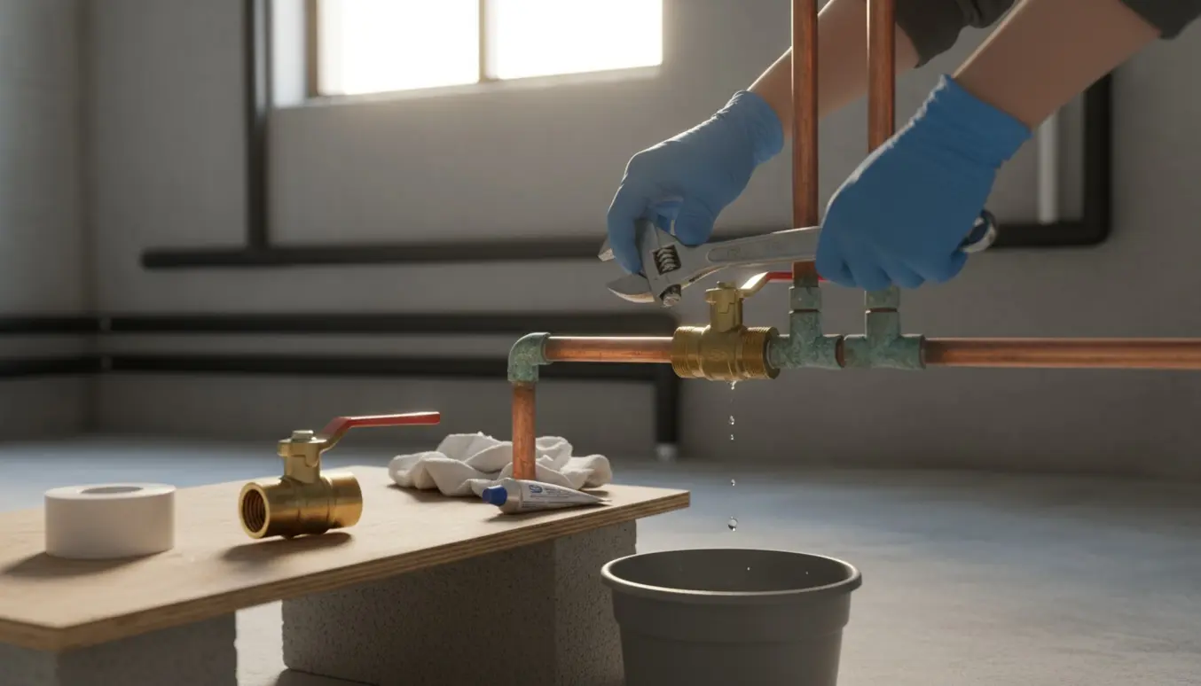 Hænder i handsker udskifter en ballofix på en varmtvandsledning i en kælder med værktøj og en spand til opsamling af vand.
