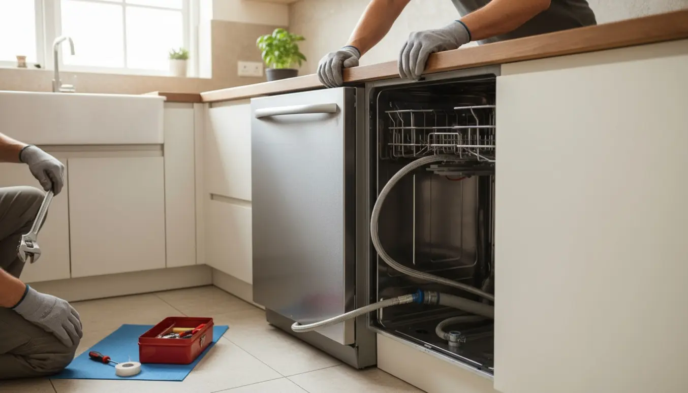 Ny rustfri opvaskemaskine sættes ind under køkkenbordet, hænder forbinder vandslange mens værktøj ligger klar.