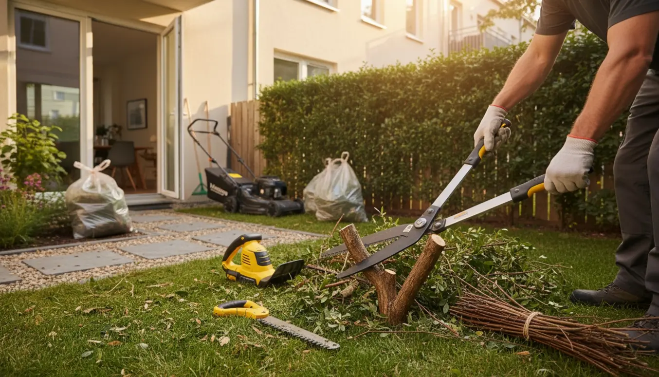 Lille byhave ved lejlighed, hvor en person klipper hækken og samler afklip i affaldssække.