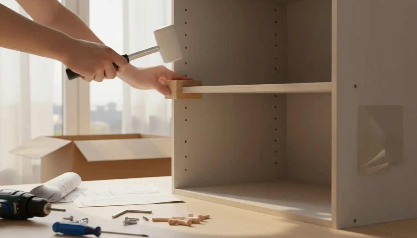 Hænder justerer midterstykke på et fladtpakket klædeskab med værktøj i et lyst rum.