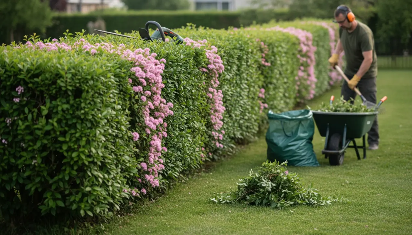 Nyklippet spireahæk langs en havegang med afklip samlet i trillebør klar til bortkørsel.