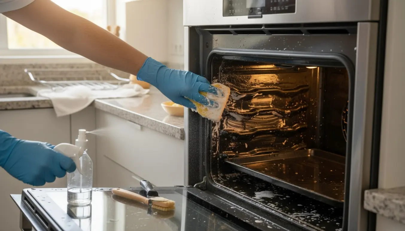 Handskenklæd person skrubber en indbygningsovn med en svamp og bagepulver, mens ovnriste ligger til blødning i vasken.