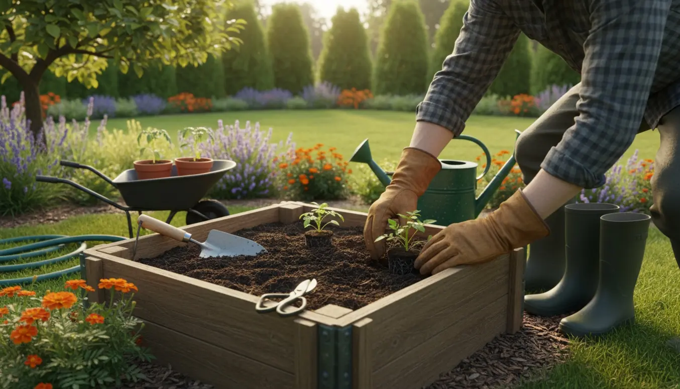En gartner planter små planter i et højbed med haveredskaber og vandkande i baggrunden.