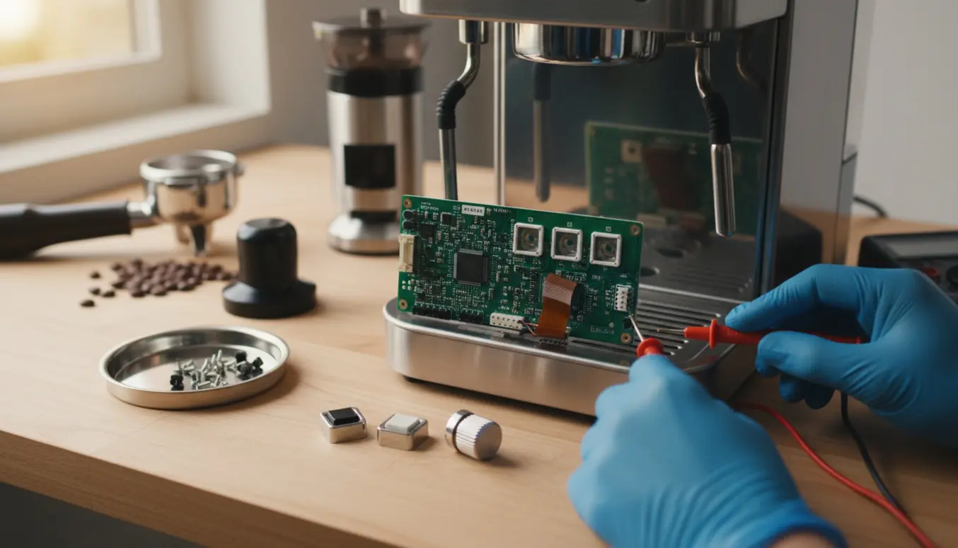 Nærbillede af en adskilt espressomaskine på en værkstedsbænk med værktøj og hænder, der reparerer frontknapper.