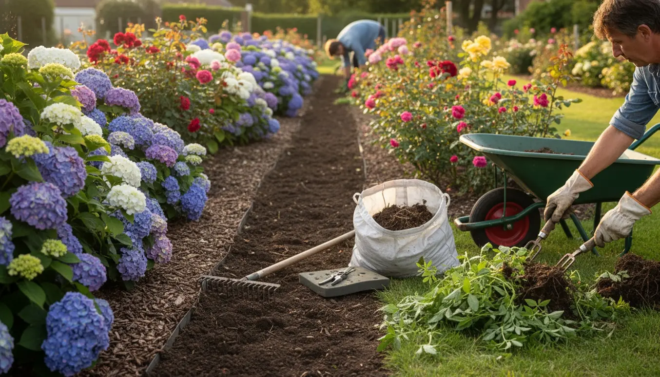 Hænder trækker ukrudt op i et langt blomsterbed med hortensia og et rosenbed, med haveredskaber og bunker af ukrudt i forgrunden.