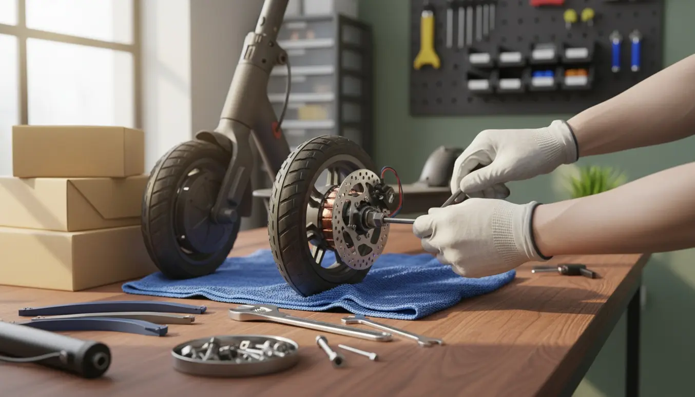 En person skifter baghjul på et elektrisk løbehjul ved et værkstedsbord med reservedele og værktøj.