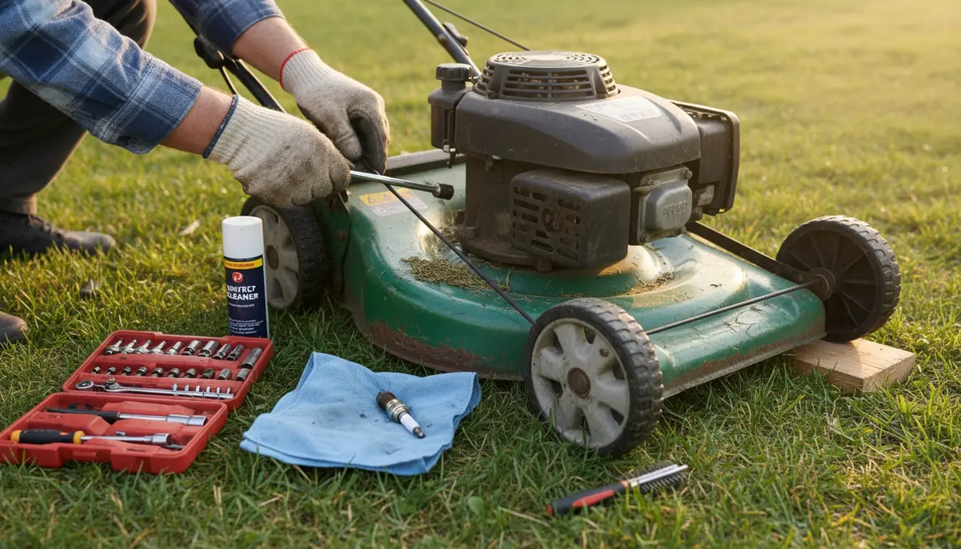 Hænder reparerer en slidt selvgående plæneklipper på en flad baghave med værktøj ved siden af.