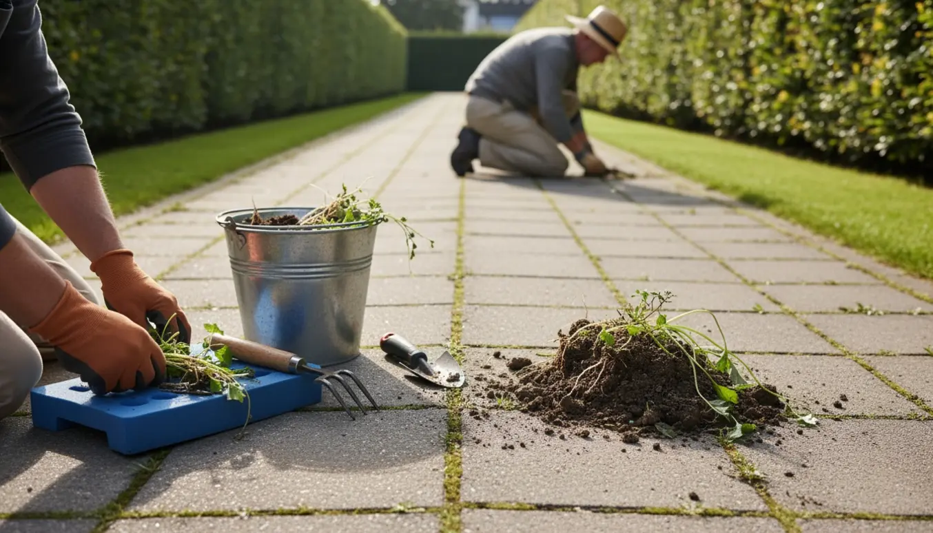 Person fjerner ukrudt manuelt mellem fliserne langs en lang indkørsel ved en hæk.