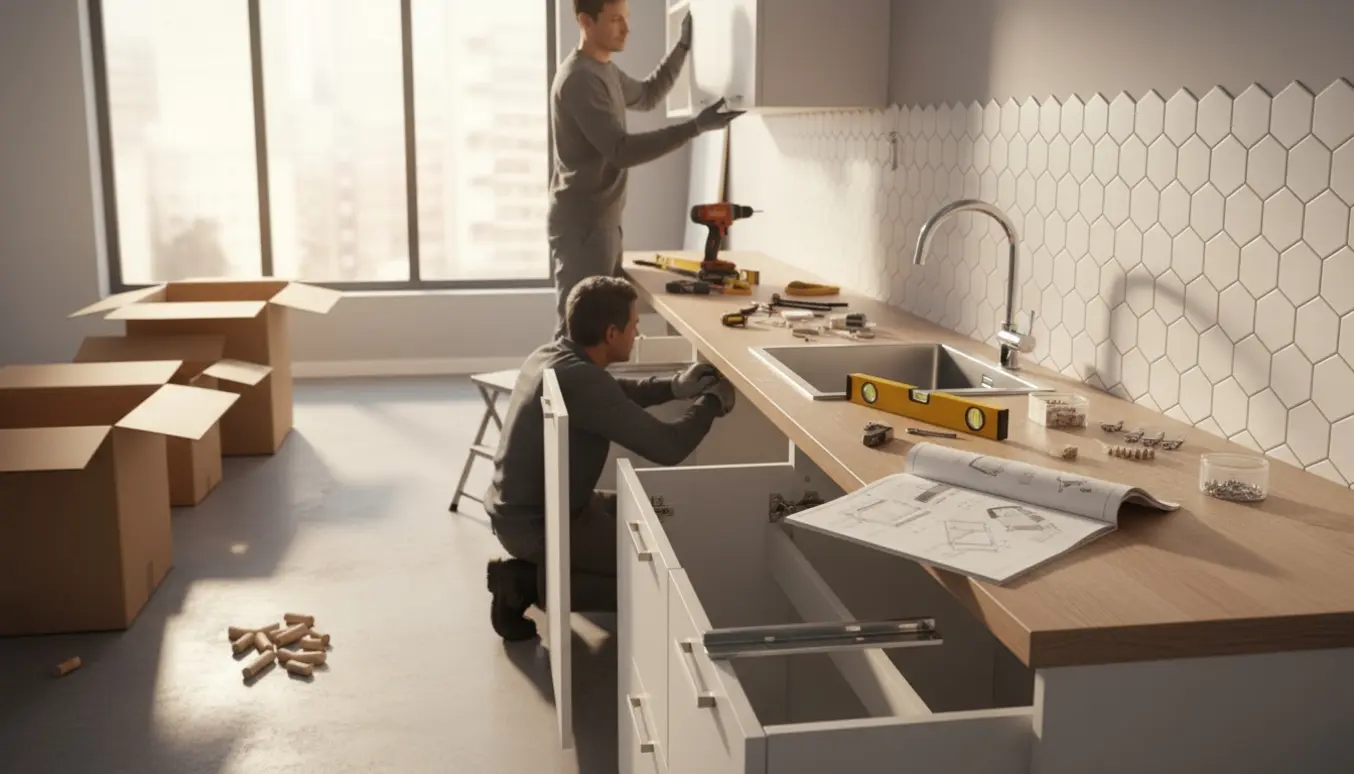 Montør sætter et nyt fladpakket køkken op med skabe, værktøj og bordplade i et lyst køkken.