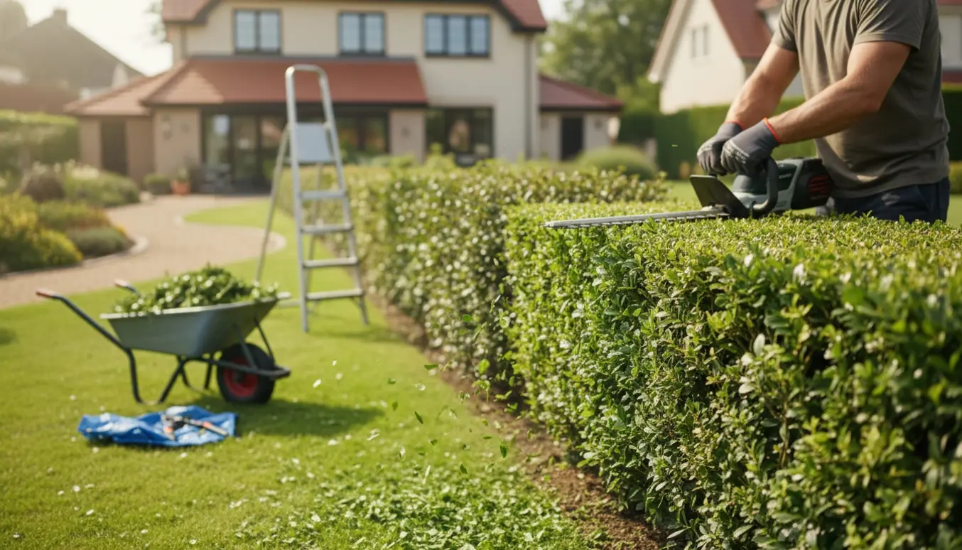 En person trimmer en ligusterhæk med en batteridrevet hækkeklipper, mens en trillebør står fyldt med hækafklip.