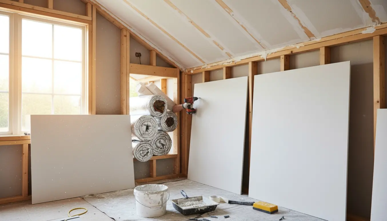 Delvist opsatte gipsplader på væg og loft i sommerhus med værktøj og frisk spartelmasse.