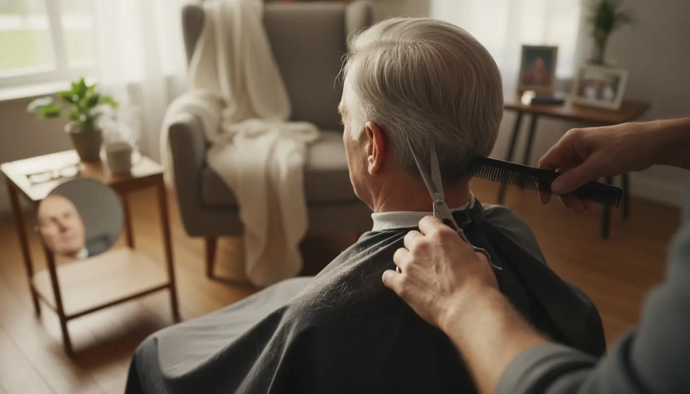 Ældre mand får klippet hår i sit hjem, frisørens hænder og redskaber er i fokus.