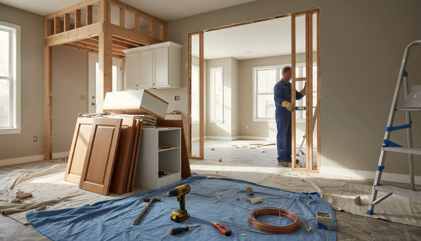 Indendørs køkkenrenovering med åbnet væg, fjernede overskabe og synlige eludtag under ombygning.