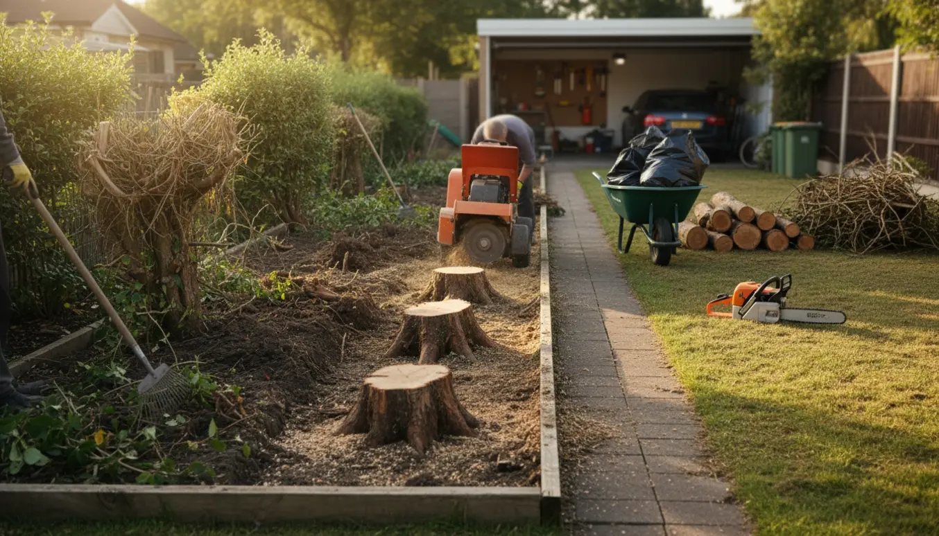 Rydning af et rektangulært bed med en kompakt rodfræser, bunker af grene og jorden klargjort til græssåning.