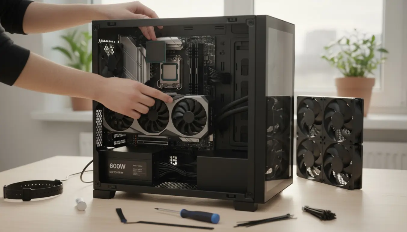 Nærbillede af hænder, der samler en stationær pc med grafikkort, bundkort, DDR5 RAM, 1TB SSD og 240 mm AIO på et lyst skrivebord.