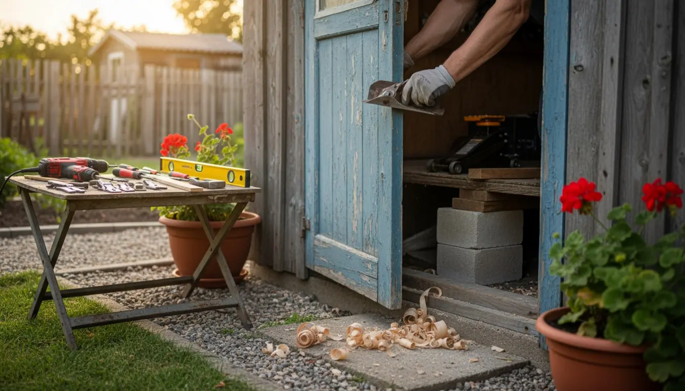 Hænder arbejder på en klistret dør på et lille kolonihavehus, mens sokler og undergulv inspiceres.
