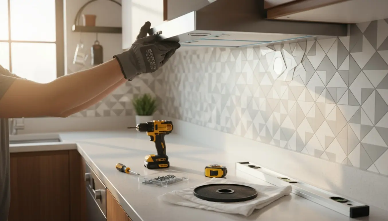 En montør monterer en vægmonteret rustfri emhætte over et komfur med værktøj og et kulfilter klar på køkkenbordet.