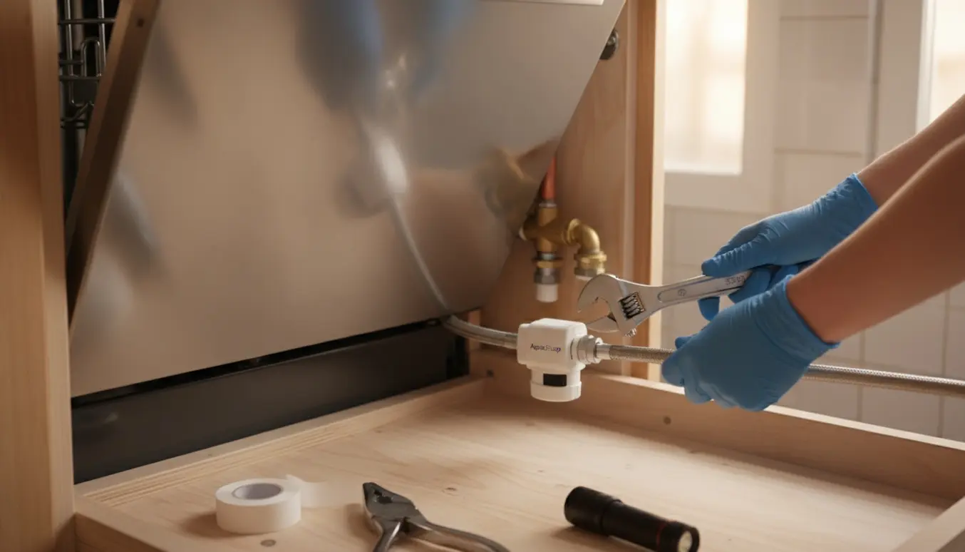 Hænder tilslutter en AquaStop vandblok til opvaskemaskinens vandslange under et åbent køkkenskab.