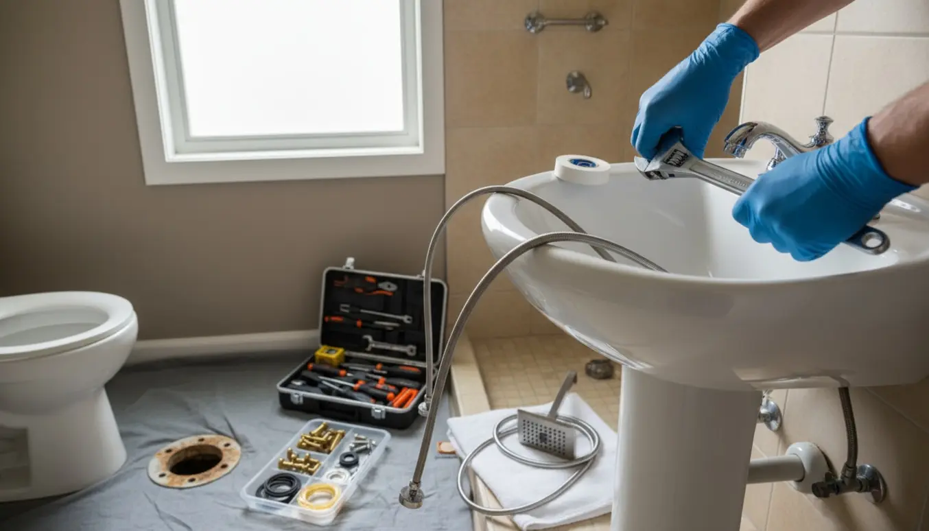 Håndværker monterer en ny kromvandhane ved en vask i et badeværelse under renovering.