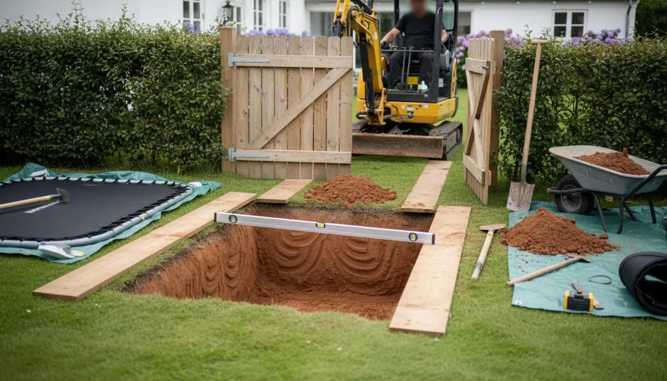 Mini-graver føres gennem en smal havedør for at grave et 85 cm dybt rektangulært hul til en nedgravet trampolin med jordbunker og værktøj omkring.