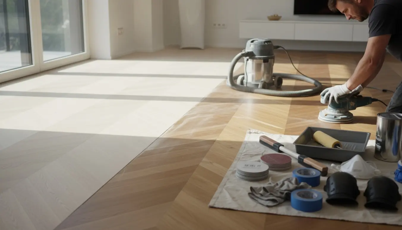 Nærbillede af slibning og efterbehandling af et parketgulv, med synlig kontrast mellem slebet og gammelt træ.