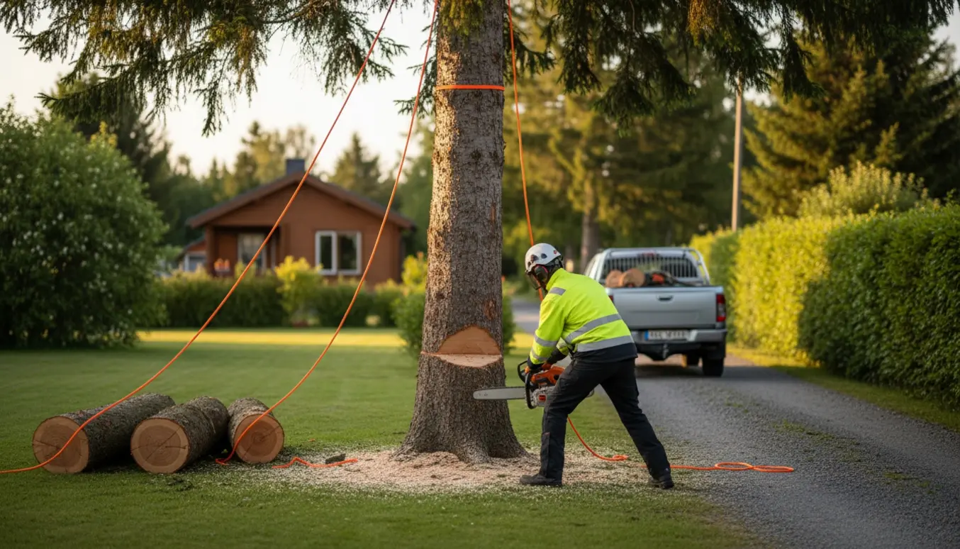 Kontrolleret fældning af en høj gran ved et sommerhus med håndværker i sikkerhedsudstyr, tov, afsavede stykker og bevaret hæk ved en grusvej.