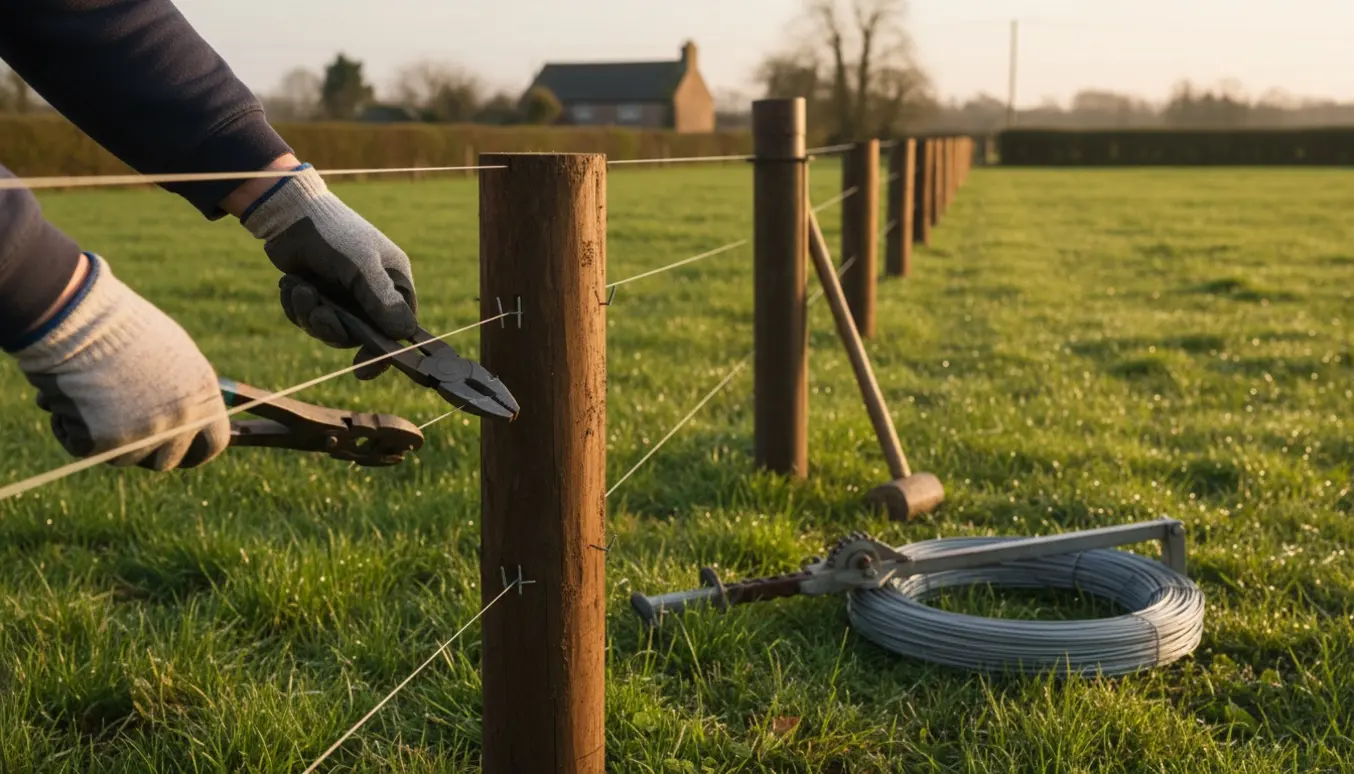 Nært billede af hænder, der fæstner galvaniseret tråd til træpæle under opsætning af trådhegn på en mark.