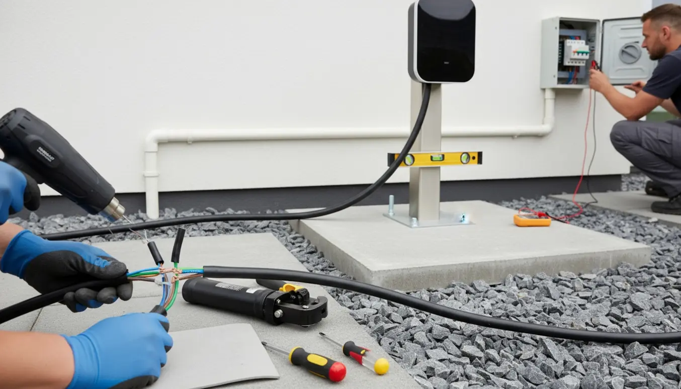 Tekniker splejser og forlænger et kraftigt forsyningskabel og monterer en ladestander på en flise ved en parkeringsplads.